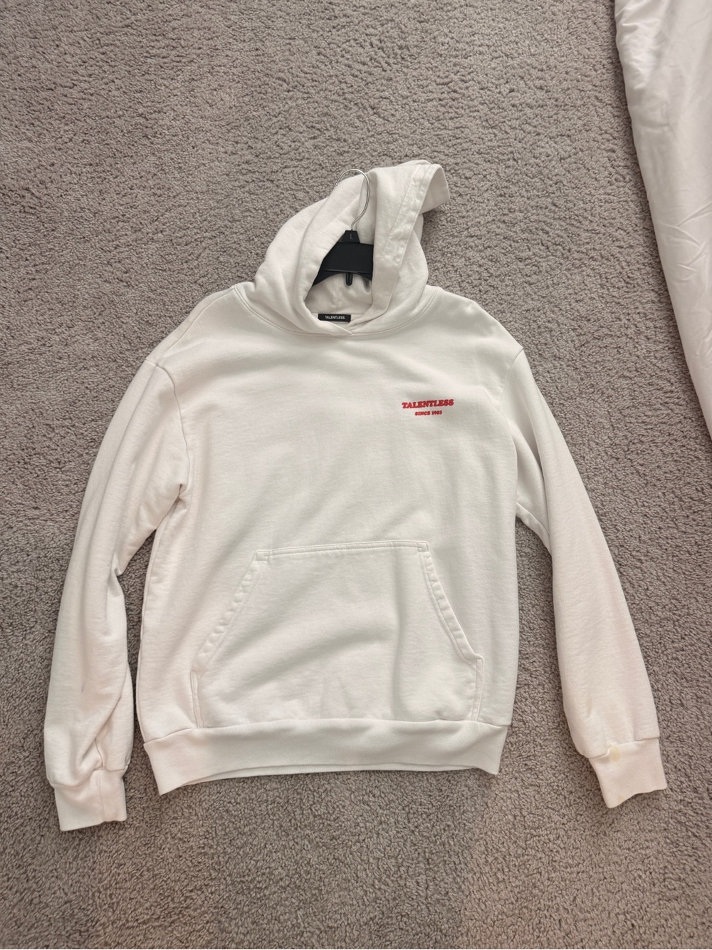 TALENTLESS White Hoodie with Small Red Logo